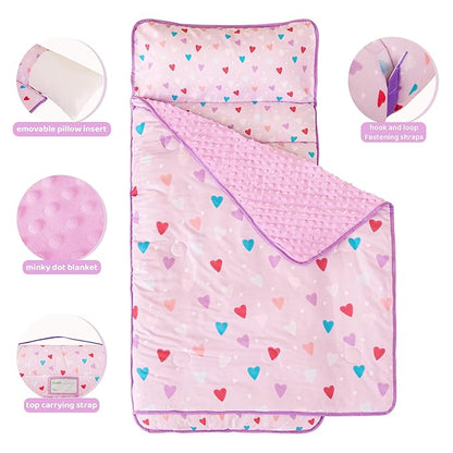 Viviland Toddler Kid Nap Mat for Preschool, Girls Heart Slumber Bag, Purple Daycare Sleeping Mats with Pillow and Blanket, Kindergarten Sleep Mat