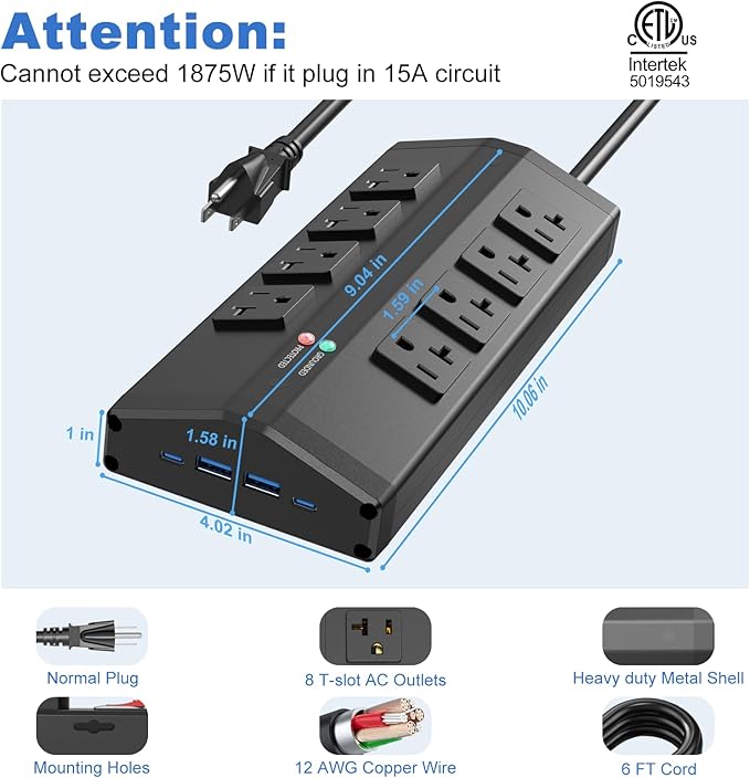 JUNNUJ Heavy Duty Power Strip with 8 Outlets and 4 USB Ports, Metal Wall Mount Surge Protector with 20 Amp 12 Gauge 6 FT Extension Cord for Garage, Industrial, Shop, ETL Listed