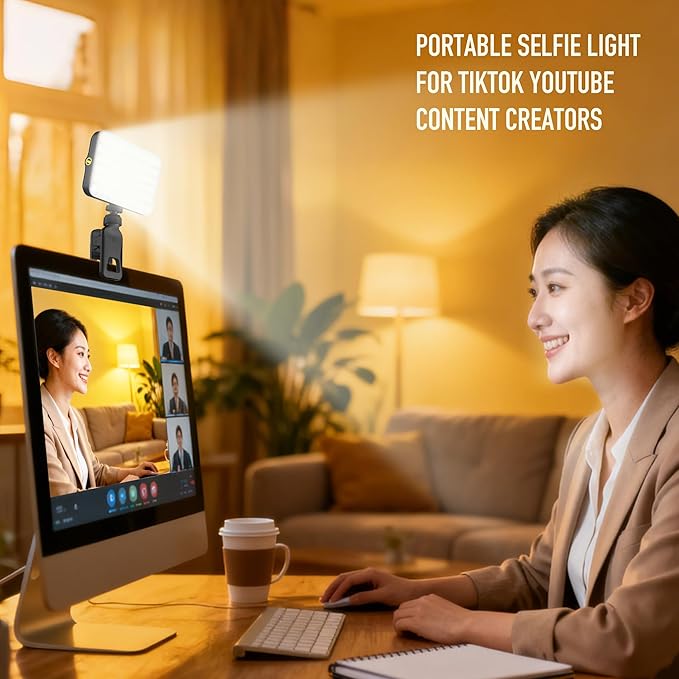 Selfie Light with Built in Power Bank, 96+ CRI Studio Lighting - 2000mAh Charges Phone, 2-24H Runtime with 3 Colors & RGB Modes Sturdy 360° Clip, for Professional Selfies, Video Conferencing (Black)