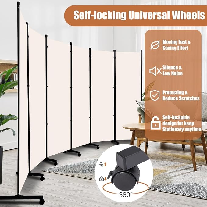 Room Divider 6FT Tall Folding Privacy Screens, 6 Panel Wall Divider w/Wheel | - Image 4