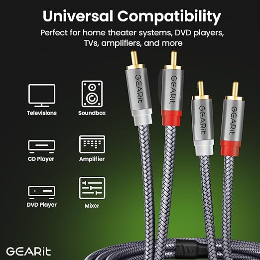 GEARit RCA Cable (25FT) 2RCA Male to 2RCA Male Stereo Audio Cables Shielded Braided RCA Stereo Cable for Home Theater, HDTV, Amplifiers, Hi-Fi Systems, Car Audio, Speakers, 25 Feet