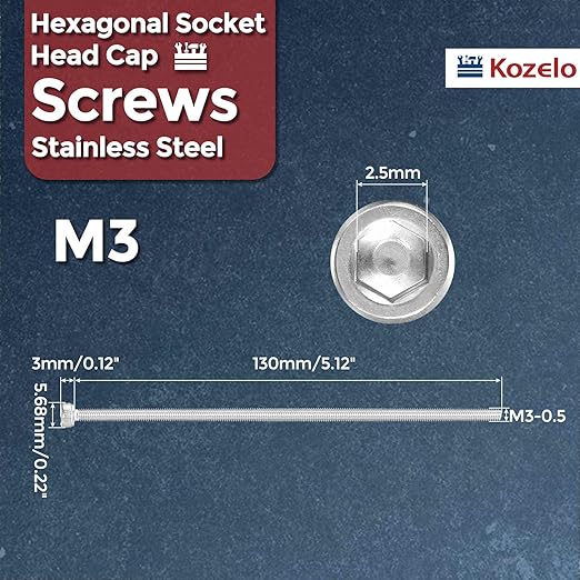 Kozelo 4pcs Socket Head Cap Screws - [M3-0.5 x 130mm] 304 Stainless Steel Allen Socket Drive for Electrical Motor 3D Printing Fan Engine Replacement Use, Silver
