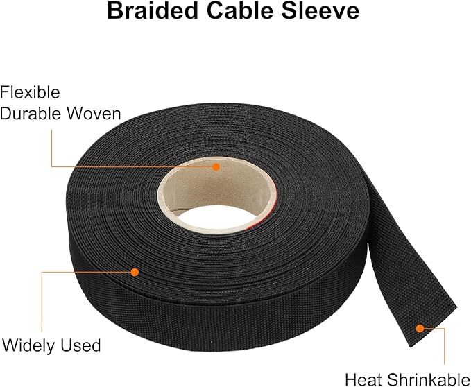 MECCANIXITY Braided Cable Sleeves Heat Shrinkable Fabric Sleeving, 7/8" 60ft Black 2:1 Ratio Heat Shrinkable Cord Protector for Harness Cable, Network Cable Protection, Cable Management