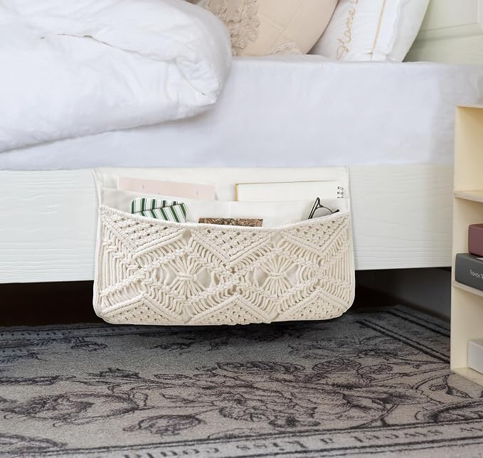 Mkono Macrame Bedside Caddy, Boho Bed Storage Organizer, 4 Pockets Ivory | Large - Image 2