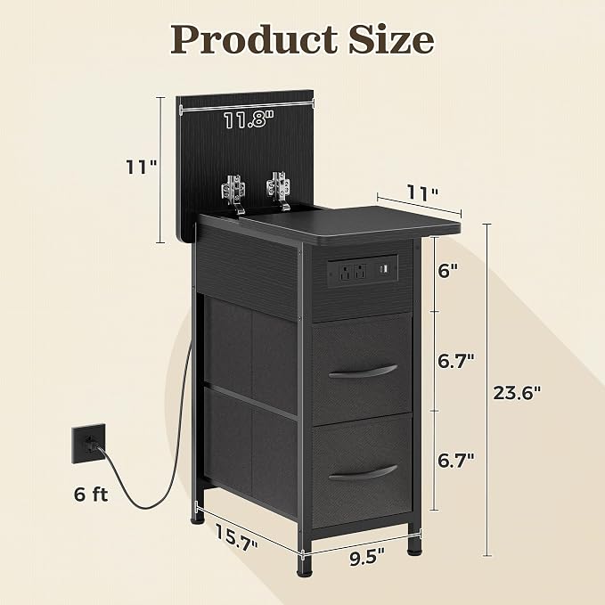 Huuger Narrow End Table with Charging Station, Side Table with 2 Drawers | Slim - Image 3