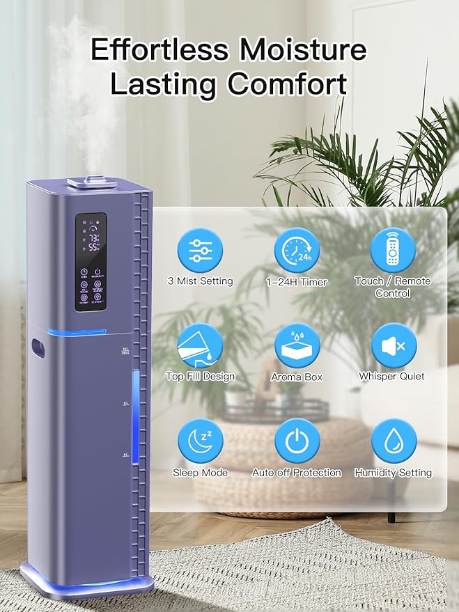 Zeova 10L/2.64Gal Humidifiers for Bedroom, Top Fill Quiet Ultrasonic Cool Mist Humidifier Large Room, Covers 550ft², 60H Runtime, 24H Timer, 3 Mist Modes Humidifiers for Home, Office, Plants, Purple