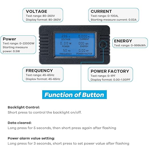 AC 80-260V 100A Multi-Function Power Monitor LCD Digital Display Voltage Current Frequency Power Factor Energy Meter Ammeter Voltmeter with Split Core Current Transformer