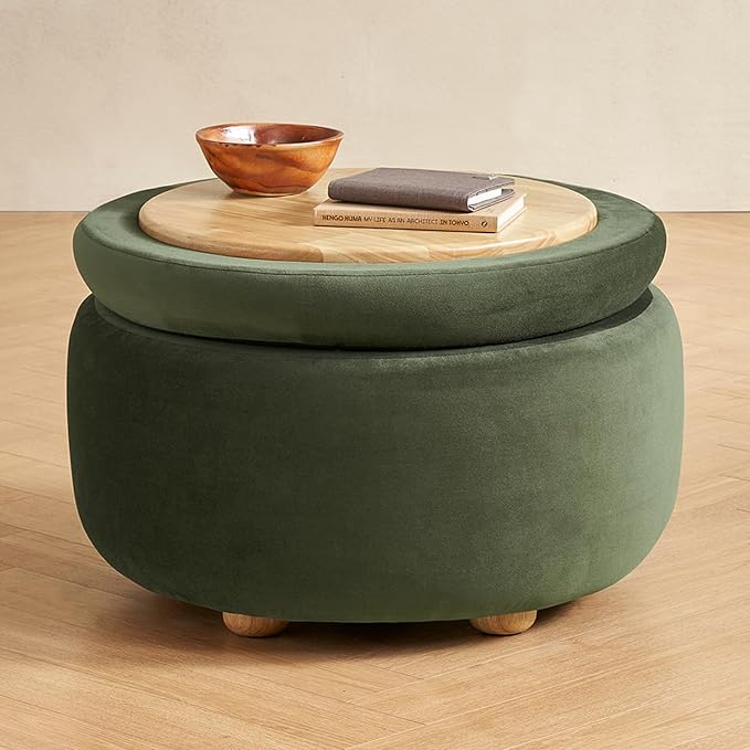 mopio Luna Round Ottoman with Storage and Tray, Round Coffee Table with Storage by MopioInc