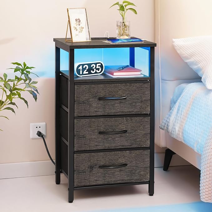 Yoobure Night Stand with Charging Station, 3 Fabric Drawers Nightstand - Image 2