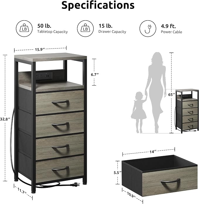 Lazzanto Night Stand with Charger Station, 4 Fabric Drawers, Bedside Table - Image 3