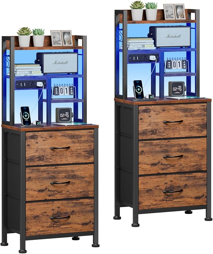 Night Stand Set 2, 45.3" Tall Bedside End Table, Rustic Brown | RGB LED Lights by Furnulem