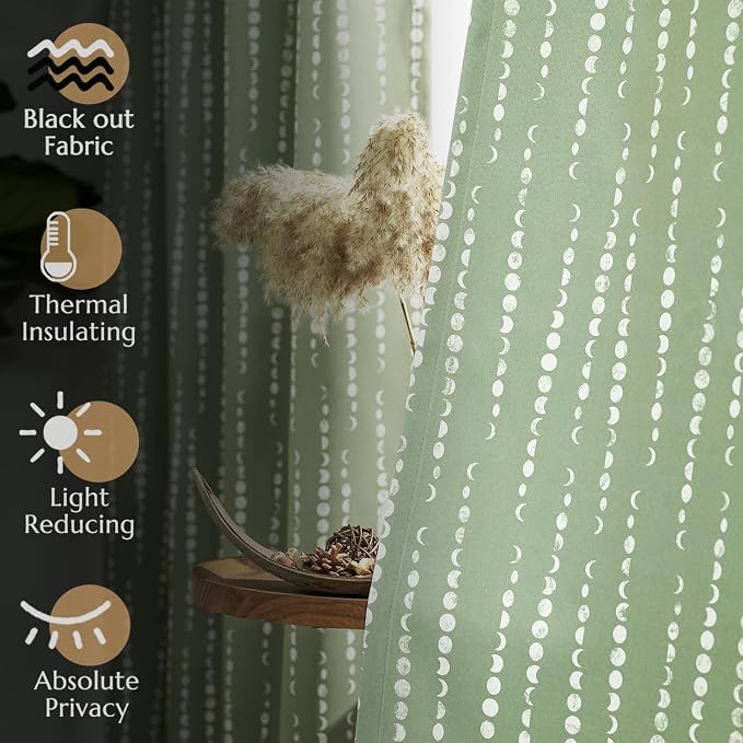 jinchan Boho Blackout Curtains 84 Inches Long Moon Phase Printed Drapes | Sage - Image 5