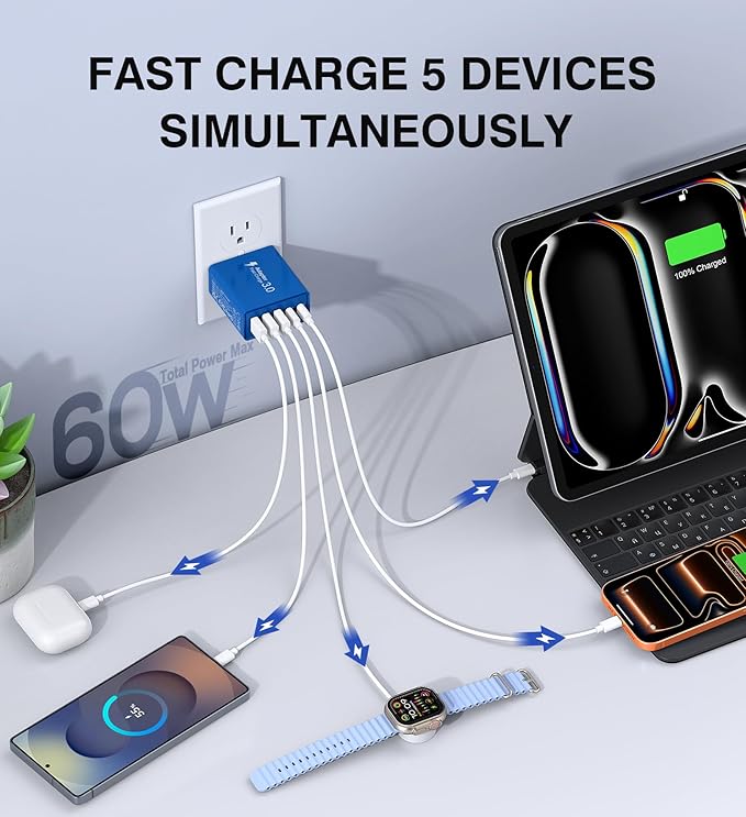 USB C Wall Charger, 60W USB C Charger Block 2-Pack 5-Port PD Fast Charging Blocks,Multiport 2USB C+3USB A Plug,Type C Power Adapter Brick Cube for iPhone 17/16/15/14/13,Samsung,for Switch（Dark Blue）