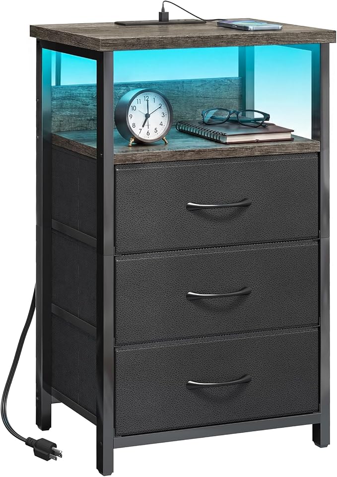 Fixwal Night Stand with 3 Fabric Drawers, Nightstand with Charging Station | by Fixwal