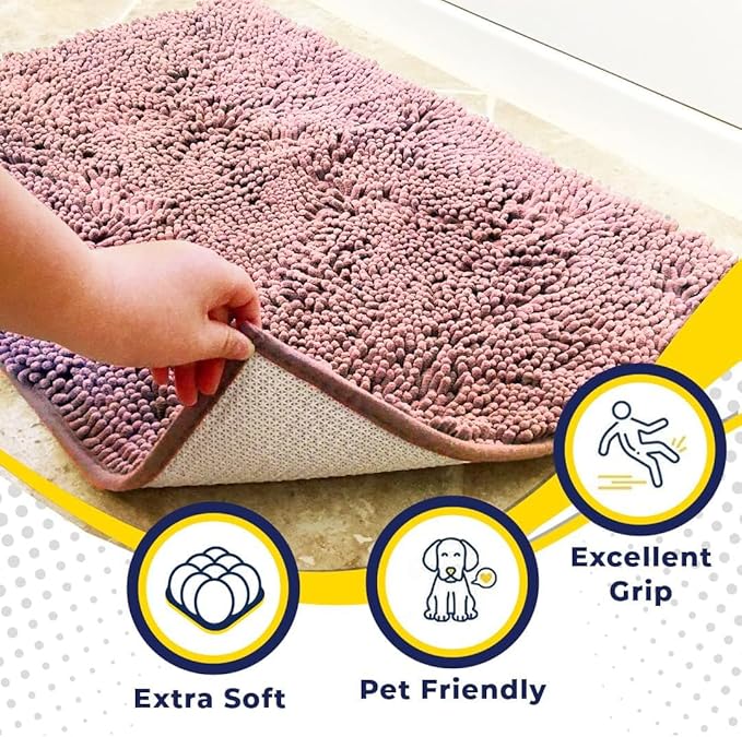 Muddy Mat® AS-SEEN-ON-TV Highly Absorbent Microfiber Door Mat and Pet Rug, Non Slip Thick Washable Area and Bath Mat Soft Chenille for Kitchen Bedroom Indoor and Outdoor - Light Pink 24" x 72"