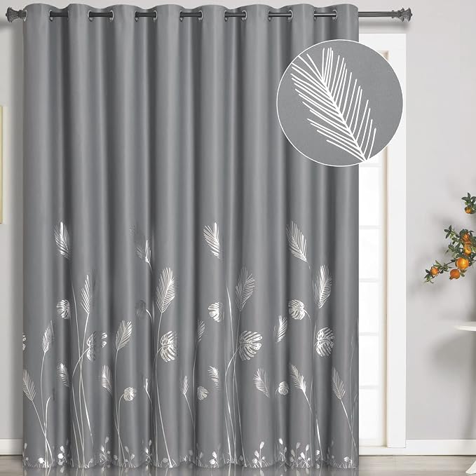 Grey Blackout Curtain for Dining Room 100W x 108L Inch Long Silver Palm Tree by ESTELARTEXTILER