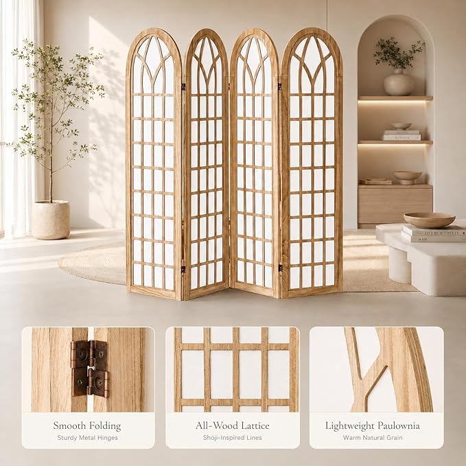 4 Panel Shoji Room Divider Folding Privacy Screen Light Brown | Freestanding - Image 3