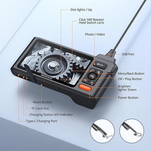 Triple Lens Endoscope Camera with Light with 50FT Semi-Rigid Cable, DEPSTECH 5" IPS Screen Sewer Inspection Camera, 1080P Industrial Borescope, Split Screen, Waterproof Drain Pipe Tool, Carrying Case