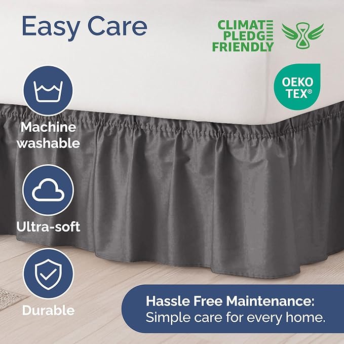 Wrap Around Dust Ruffle Bed Skirt - Dark Grey - for King Size Beds with 12 Inch Drop - Elastic Strap - Adjustable Pleated Bedskirt with Brushed Fabric and Wrinkle Free - for Women, Men, Kids & Teens