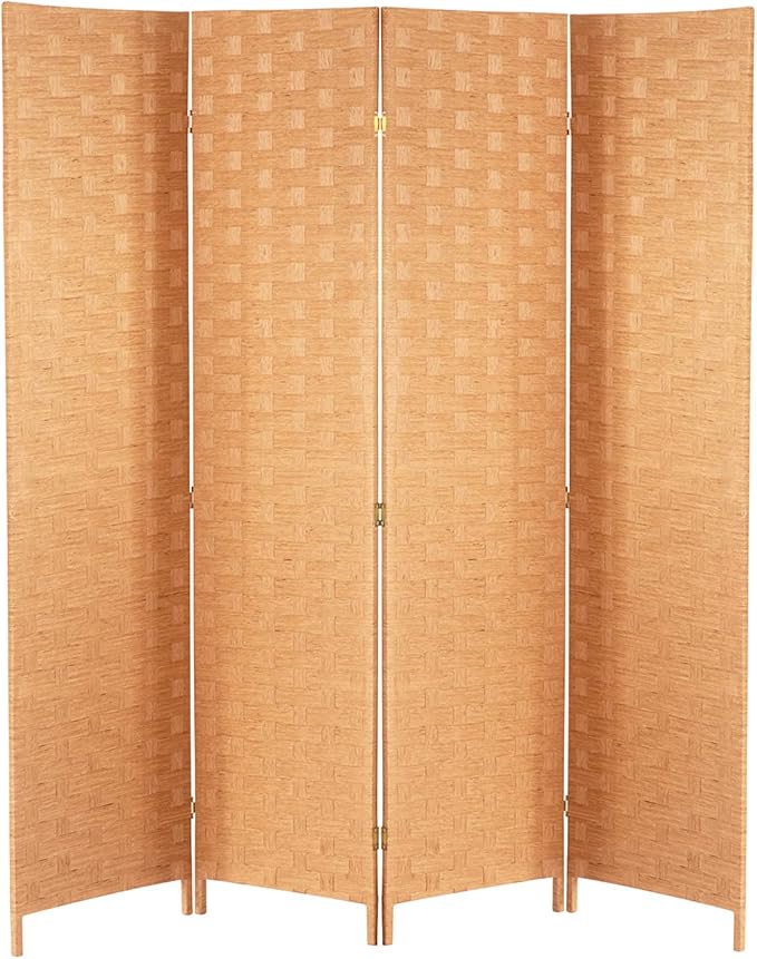 Wood Mesh Woven Design 4 Panel Folding Wooden Screen Room Divider by FDW