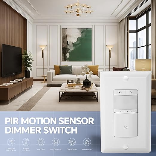 ECOELER Motion Sensor Dimmer Light Switch, in-Wall Electronic Dimmer with PIR Infrared Motion Activated, Occupancy & Vacancy Modes, Single Pole for CFL/LED Bulb, Wall Plate Included, White