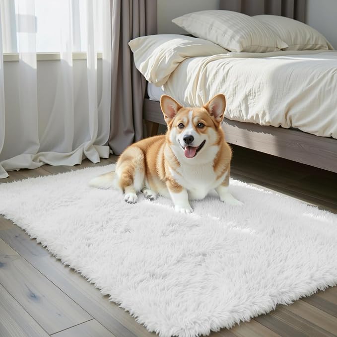 Small Shag Area Rug for Bedroom, 2x3 White Soft Plush Carpet | Non-Slip Floor by Junhejiamei