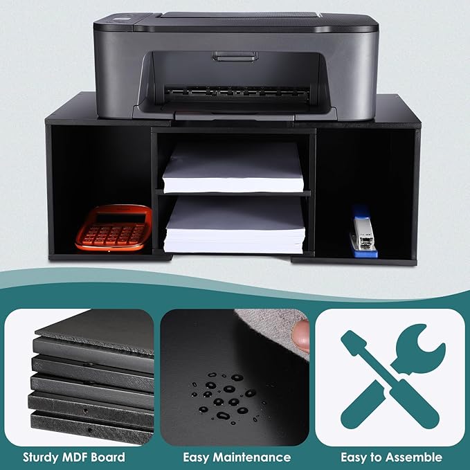 EMERIT Large Printer Stand, Adjustable Printer Table with Storage, 2-Tier Printer Riser Desktop Paper Organizer Shelf for Home Office,23'' x12.3'' x 8.7'' (Black)
