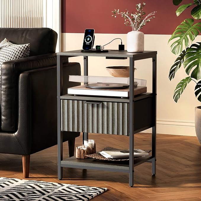 VINGLI Grey Night Stand with Charging Station and Fabric Drawer, Fluted - Image 7