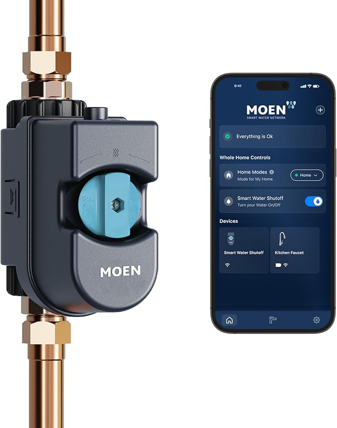 Moen Flo Smart Water Monitor and Automatic Shutoff Sensor, Wi-Fi Connected Water Leak Detector for 1-1/4-Inch Diameter Pipe, 900-002