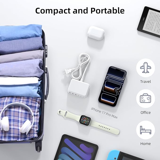 USB C Charger Block, 100W GaN 6 Port PD USB C QC USB A Wall Charger Adapter Plug Cube, Super Fast Type C Charging Station Hub for iPhone 17 16 15 14 13 Pro Max iPad Samsung Pixel 5ft Extension Cord