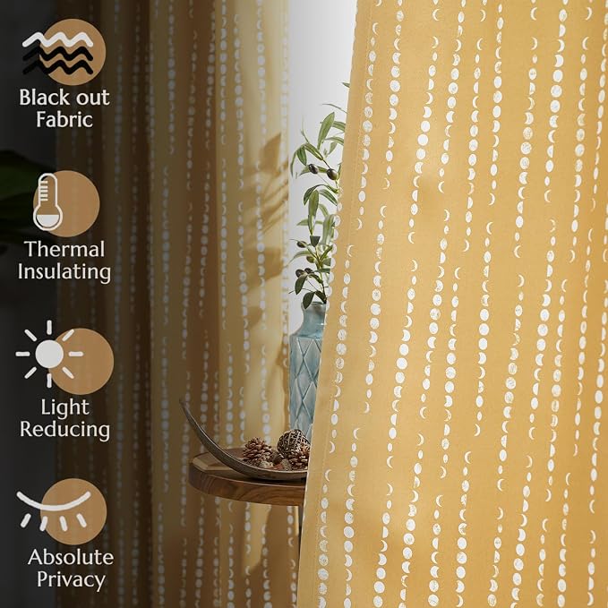 jinchan Boho Blackout Curtains 63 Inch Length Moon Phase Printed Drapes | - Image 6