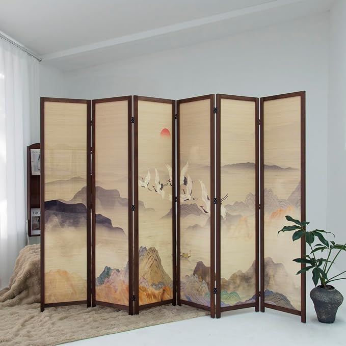 6 Panel Bamboo Room Divider, 5.6 ft Tall Double-Sided Freestanding Folding - Image 3