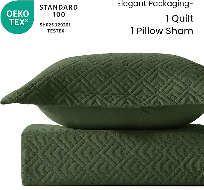 EXQ Home Twin Quilt Set Lightweight Squares Pattern Olive Green Bedding Set | - Image 3