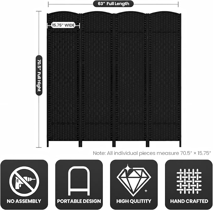 4 Panel Folding Room Divider, Woven Privacy Screen, handcrafted diamond pattern - Image 3
