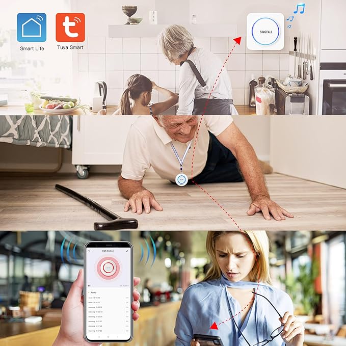 SINGCALL Tuya WiFi SOS Wireless Calling Caregiver Pager System Calling Alert System for Patients Seniors Elderly Disabled 1 Plugin Receiver 1 Smart Emergency Call Button (only Supports 2.4GHz Wi-Fi)