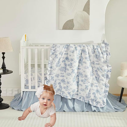 Brandream Boho Bohemian Girl Boy Baby Nursery Crib Bed Skirt Dust Ruffle - Neutral Solid Color Light Blue Farmhouse Chic 100% Percale Cotton Ruffle