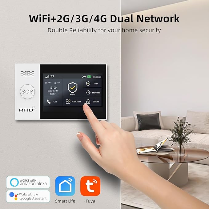 LWOHSI Alarm Systems with 4.3" Large Fulltouch Screen,4G SMS/Tuya APP Alert,Wireless Home Security Alarm Kits,Door Alarm Sensors,120db Siren,Remote,Work with Alexa and Google for Villa,Apartment