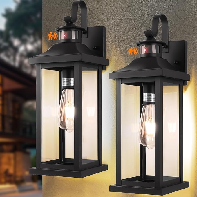 Roravilila 18 Inch Motion Sensor Outdoor Lights 2-Pack, Large Black Dusk to Dawn Outdoor Porch Lights for House IP65 Waterproof Exterior Lighting Fixtures for Front Door Garage Lantern Sconces