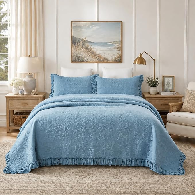 Brandream Luxury 100% Cotton Quilt Set King Size Blue Floral Vine Matelasse - Image 2