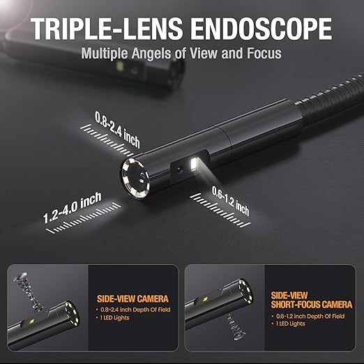 Triple Lens Borescope Inspection Camera, Teslong Professional Endoscope with Light, Digital Video Scope Camera, 5" IPS Screen, Waterproof Flexible Cable for Automotive/Home/Wall/Pipe/Car (5FT)