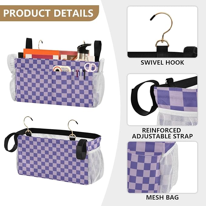 Purple Checkerboard Print Bedside Caddy Storage Bag Bedside Organizer - Image 5