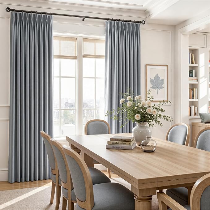 Gray Blue Soft Velvet Pinch Pleat Curtains 90 Inches Long Room Darkening Light - Image 6