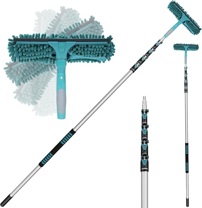 TelesPro 36 Feet High Reach Window Squeegee with 7-30 Ft Extension Pole, Window Cleaner Tool with 5-Stage Telescoping Pole, Window Cleaning Kit with Rotatable Head (2 Squeegee & 2 Microfibre Cloths)