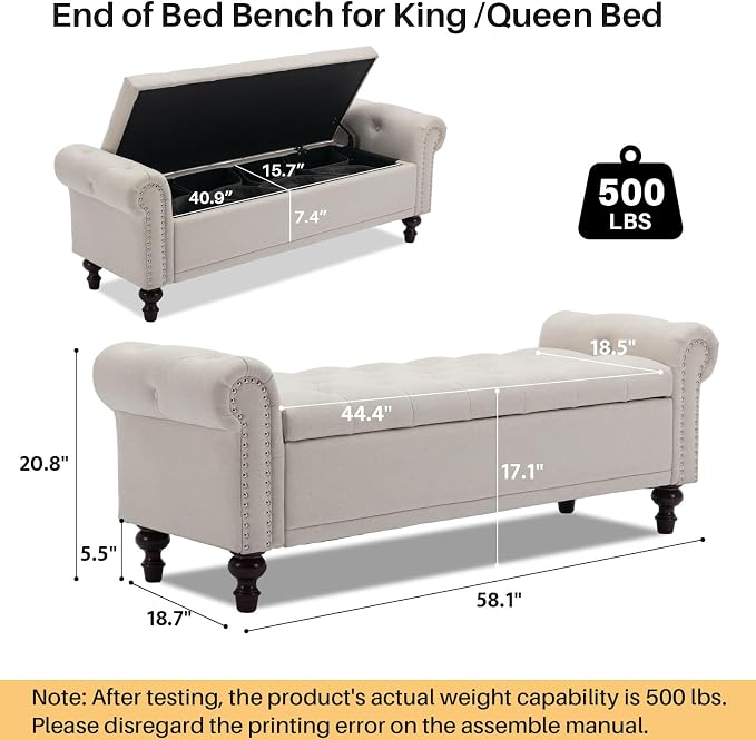 SOFTHION 58.1" Storage Bench for Bedroom, Linen Upholstered - Image 2