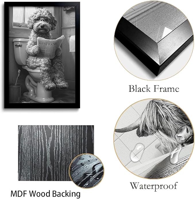 OIQArtOIQ Funny Bathroom Canvas Wall Art Black and White Wall Art Teddy Dog On - Image 7