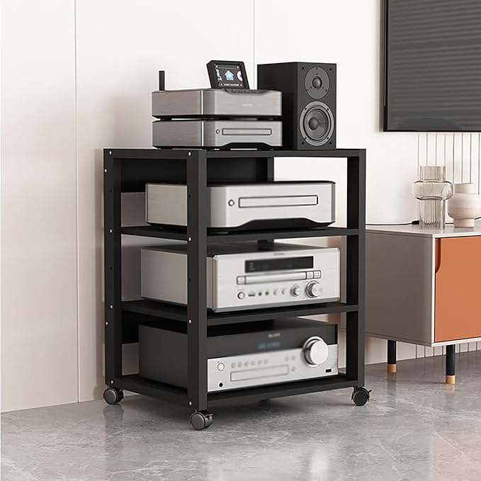 Dernoing 4 Tier Audio Rack Tower, CD Record Player Stereo Receiver AV Equipment Cabinet Display Rack, Weight Capacity 661 lbs, with Adjustable Wooden Shelves for Home (4 Tier Black)