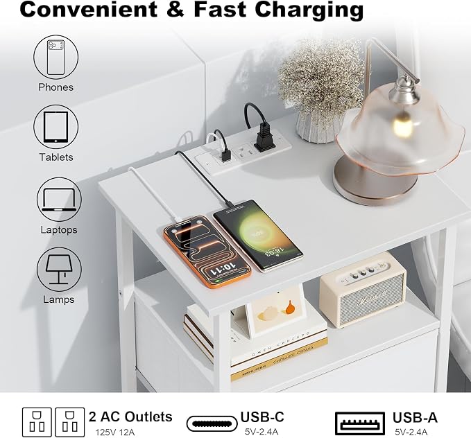Side Table with Charging Station, Nightstand with Adjustable Fabric Drawer - Image 4