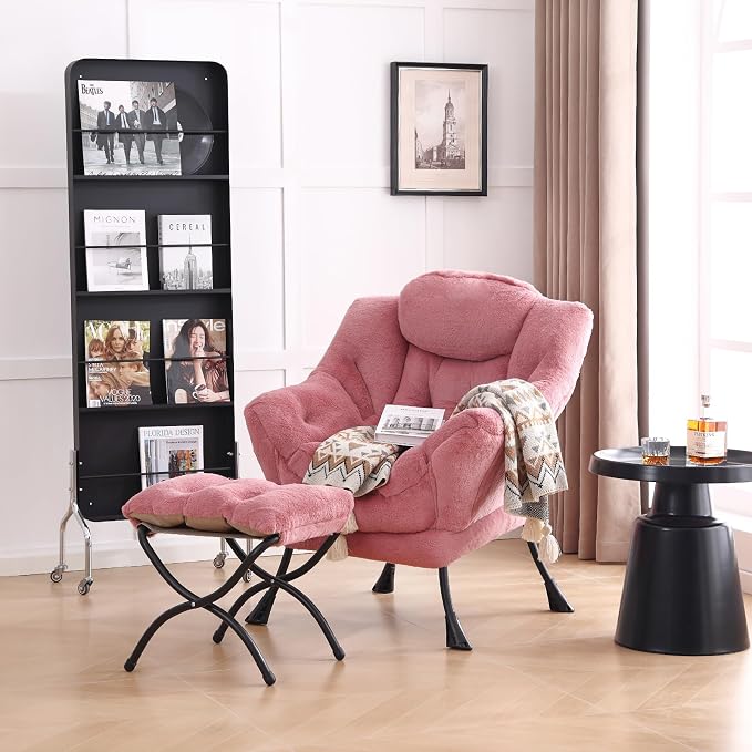 Lazy Chair with Ottoman, Comfy Accent Reading Chair, Plush Dark Pink | Foldable - Image 2