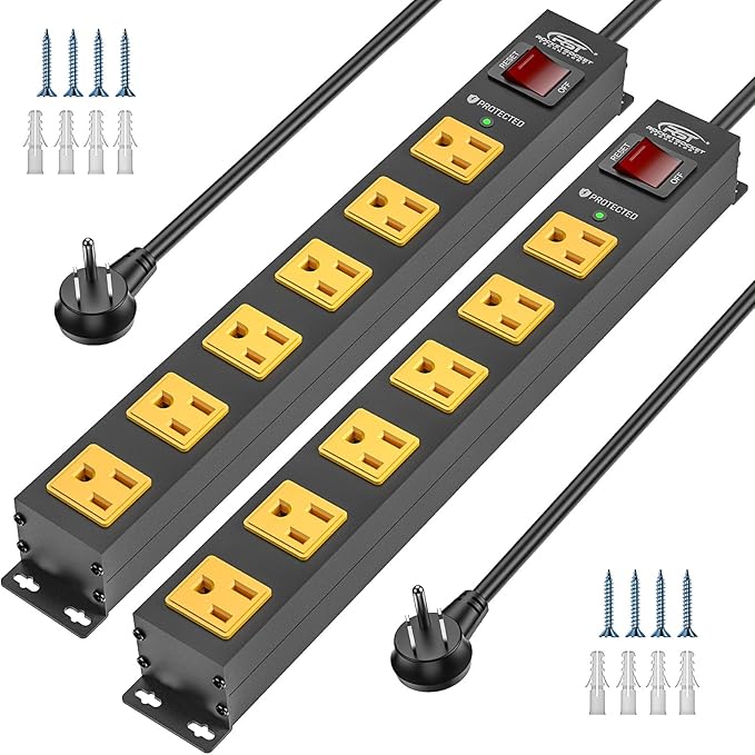 CRST 2Pack 6 Outlet Surge Protector Power Strip 2100J with Switch, 15A/1875W Heavy Duty Mountable Power Strip, Wide Spaced Power Bar for Garage Workspace Home School, 6 FT Cord（ Black+Yellow）