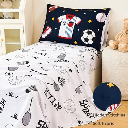 PERFEMET Sports Bedding Set Twin Size 4 Pcs Reversible Ball Sport Theme Comforter Set for Boys Girls Soft Reversible Navy Blue Baseball Football Kids Bed in a Bag(Sport, Twin)